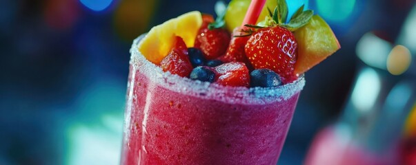 Fresh berry smoothie with strawberries, blueberries, and pineapple garnish