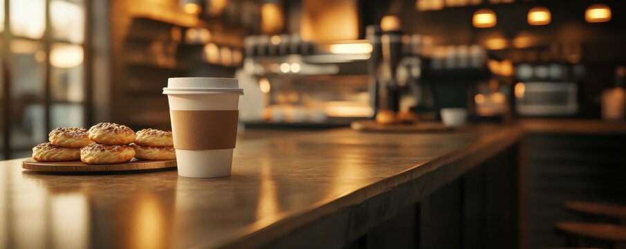 Cozy café interior with coffee cup and donuts on wooden counter