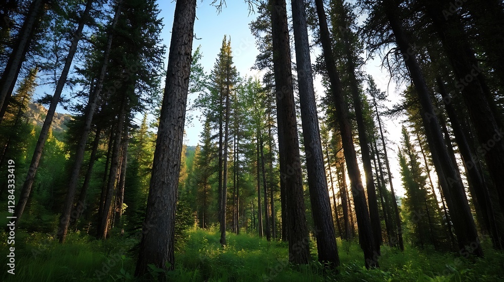 Poster towering trees reaching for the sky in a vibrant forest during sunset : generative ai