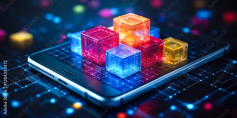 Poster advanced mobile app development with interactive 3d graphics and virtual reality covering personal g