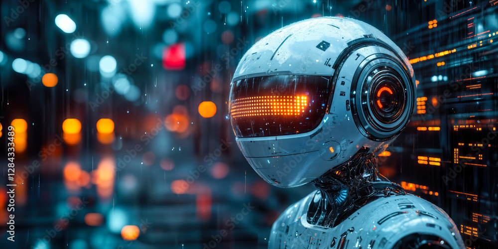 Poster futuristic ai robot with digital interface in urban setting symbolizing advanced conversational arti
