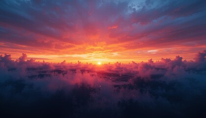 Obraz premium Sunset over clouds nature landscape aerial view tranquil atmosphere
