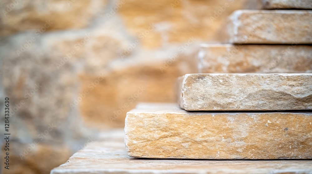 Poster Closeup of textured stone steps leading upward with a rustic stone wall in background : Generative AI