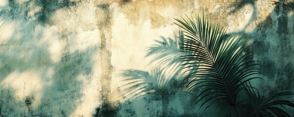 Sunlit palm leaf casting shadow on weathered concrete wall