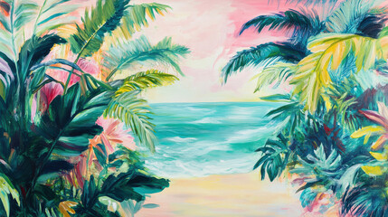 Naklejka premium A lively landscape painting featuring a cluster of tropical plants in the foreground, vividly illustrated with bold strokes