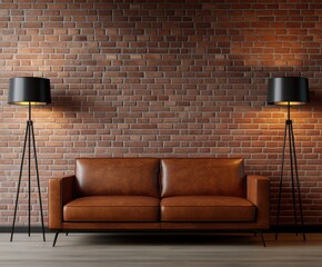 A loft with a brick wall and industrial lamps. Modern loft-style interior: brick wall, leather sofa, metal lamps in industrial style. Warm light creates an atmosphere of comfort. 