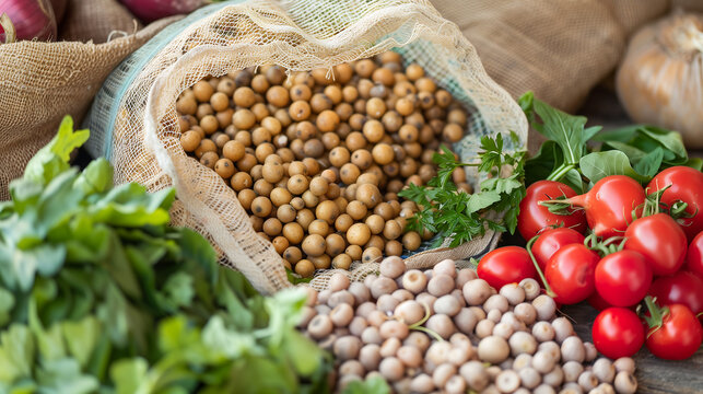 close-up of fresh vegetables including tomatoes, herbs, and beans in a rustic market setting showcasing organic and locally sourced produce with vibrant colors and natural textures