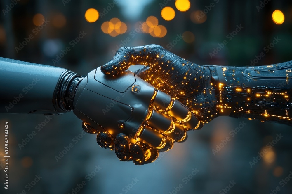 Poster hands of technology unite to symbolize partnership between humans and robots in a futuristic setting