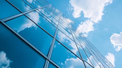 Obraz premium Modern architectural design with glass facade reflecting the clouds in a blue sky : Generative AI