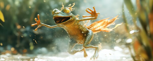Fototapeta premium Joyful fantastical frog leaping in sunlit forest scene with leafy appendages