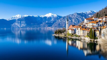 Breathtaking Panoramic View of a Serene Mountain Lake Reflecting Clear Blue Sky and Village : Generative AI