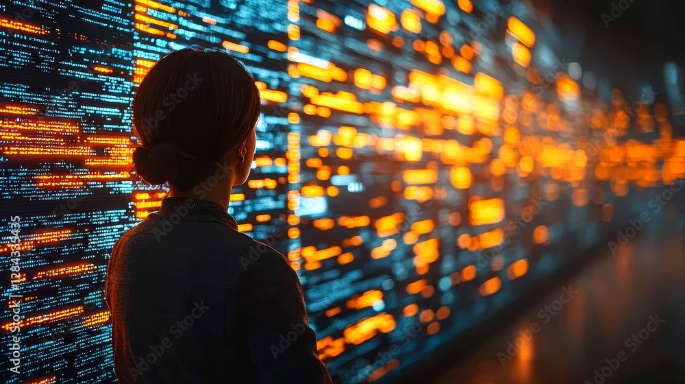 Poster female figure contemplating complex data visualization interface in contemporary setting for future 