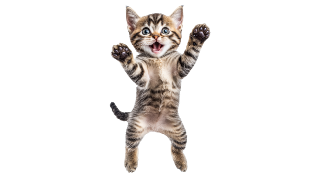 Cute kitten jumps playfully in bright setting