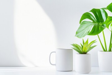 A modern office with eco-friendly habits: employees drink from reusable mugs, sort paper into separate containers, and have live plants on the tables.