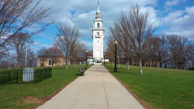 Low Drone Approach to Dorchester Heights Monument in South Boston