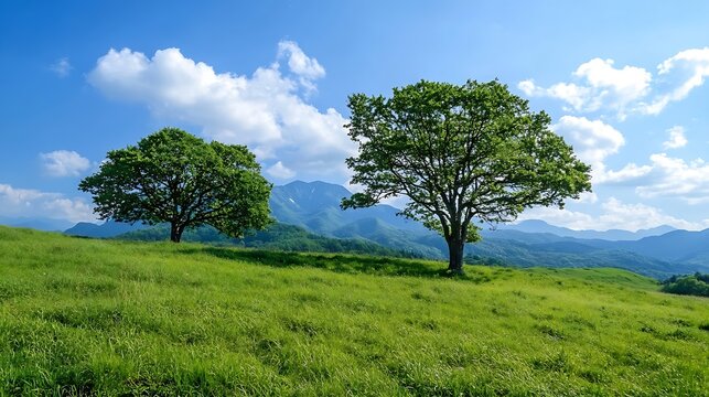 Two Majestic Trees in Vibrant Green Meadow Against Picturesque Mountain View : Generative AI