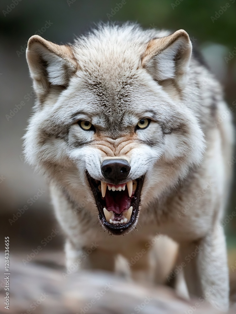 Poster a fierce closeup of a wild wolf showing sharp teeth and an intense expression in its natural habitat