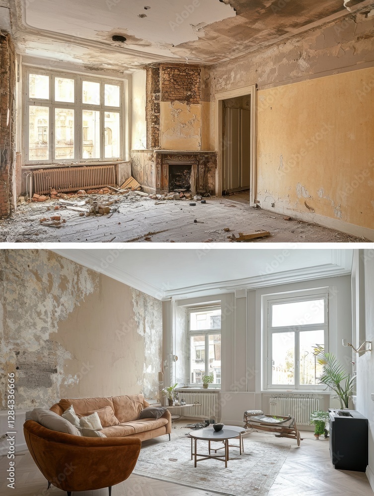 Poster Transformation of a run down apartment into a stunning modern space showcasing elegant design and fresh renovations. Generative AI