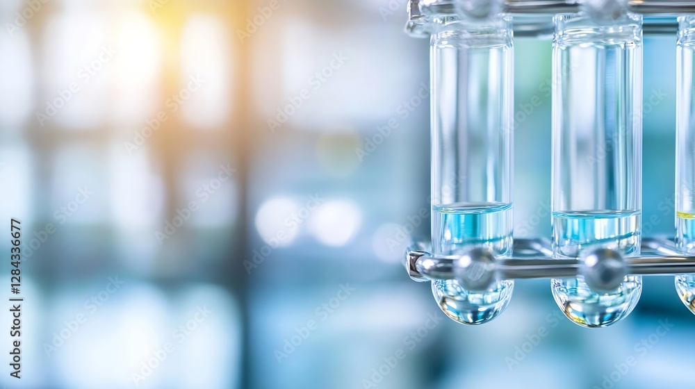 Poster close up view of laboratory test tubes filled with liquid and illuminated by bright light : generati