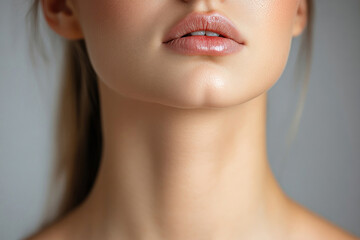 Obraz premium close-up of the lower part of the face and neck of a young woman. Her lips are slightly parted, and her skin looks smooth, well-groomed and radiant. 