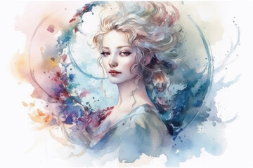 Naklejka premium female figure in watercolor style. The girl's face is refined, with soft features and a calm look. with elements of fantasy.