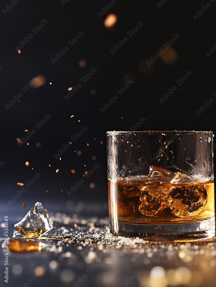 Aufkleber artistic shot of a glass of whiskey with ice cubes and splashes on a dark background illustrating el