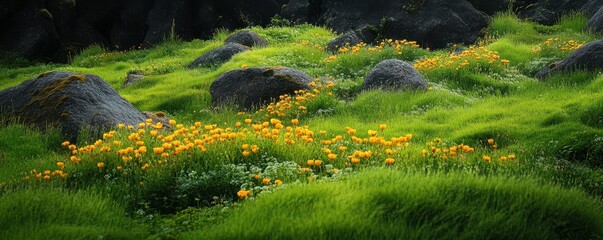 Naklejka premium Vibrant meadow with yellow flowers and moss-covered rocks
