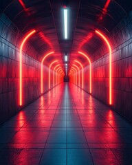 Illuminated Tunnel of Arches A Futuristic Architectural Design Space with Vibrant Neon Red Lighting