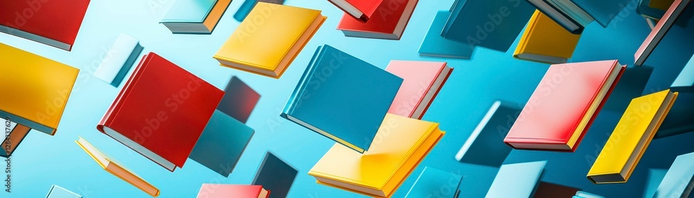 Poster floating books in abstract arrangement with shadows of imagination and knowledge on blue backdrop