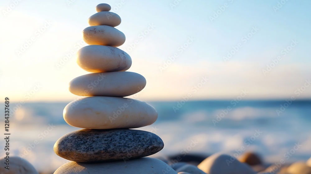 Fototapete stunning stack of smooth pebbles arranged on a beach against a soft sunset backdrop : generative ai