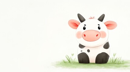 A cute cartoon cow with a friendly expression sits in a grassy area, This illustration is perfect for children's books, farm-themed projects, or educational materials about animals,