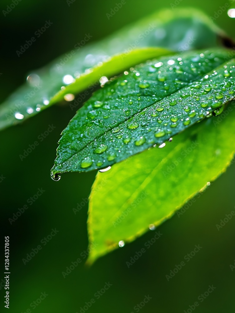 Poster close up of green leaves with dew drops creating a refreshing and natural outdoor atmosphere : gener