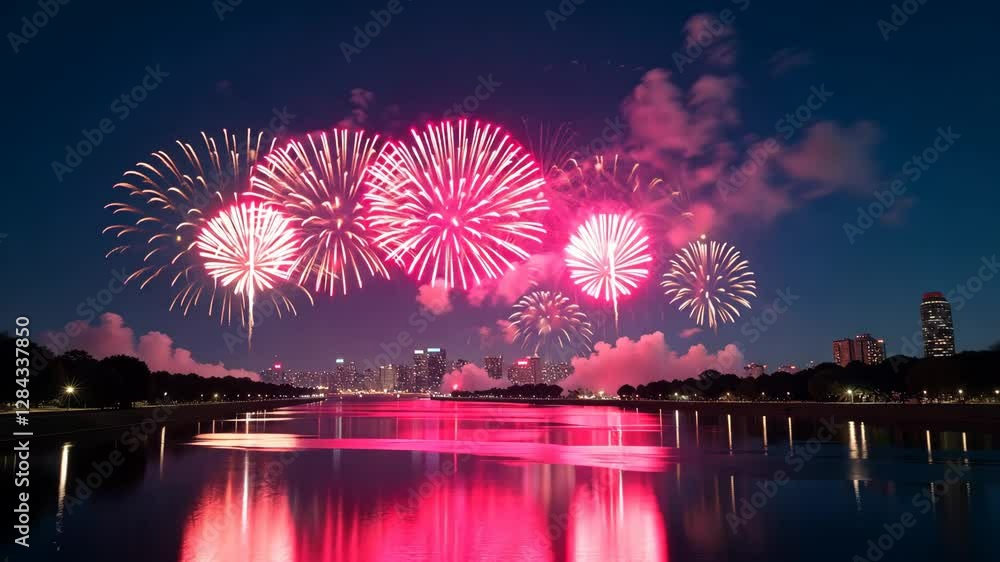 Poster a fireworks display is lit up in the night sky. the fireworks are in the water and the sky is filled