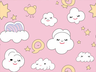 Cute smiling cloud pattern on pink background