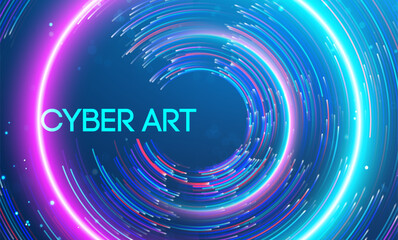 Futuristic cyber art background with glowing neon light circles, abstract digital swirl, and vibrant blue and pink streaks in a modern technology-inspired design.
