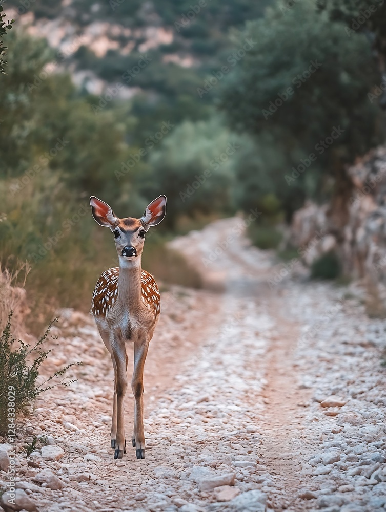 Poster curious young deer standing on a rocky path surrounded by greenery : generative ai