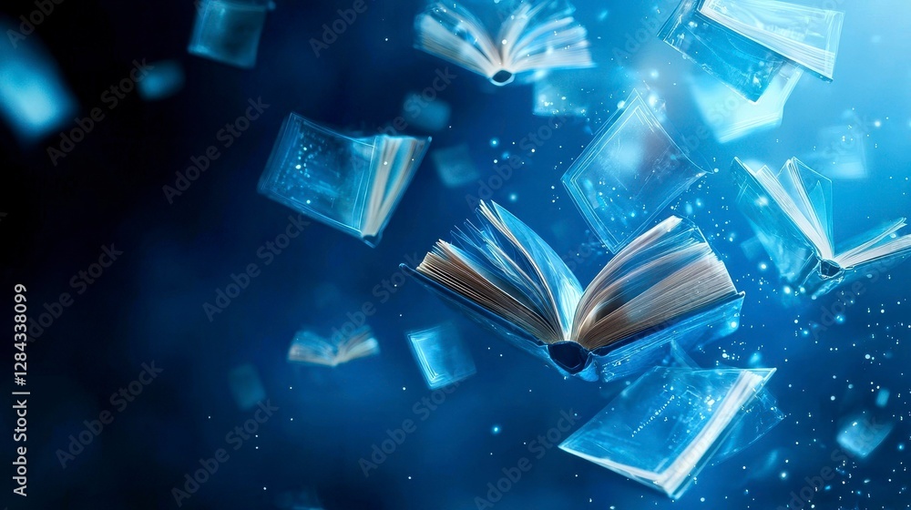 Poster floating open books in a blue dreamlike space mystical learning journey with sparkling particles