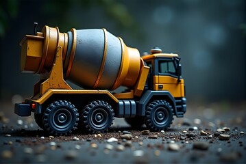 Bright Yellow Cement Mixer Truck on Rocky Ground with Dark Green Background
