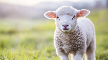 Naklejka premium Cute curious young lamb walking towards the camera in a peaceful green pasture at sunset : Generative AI