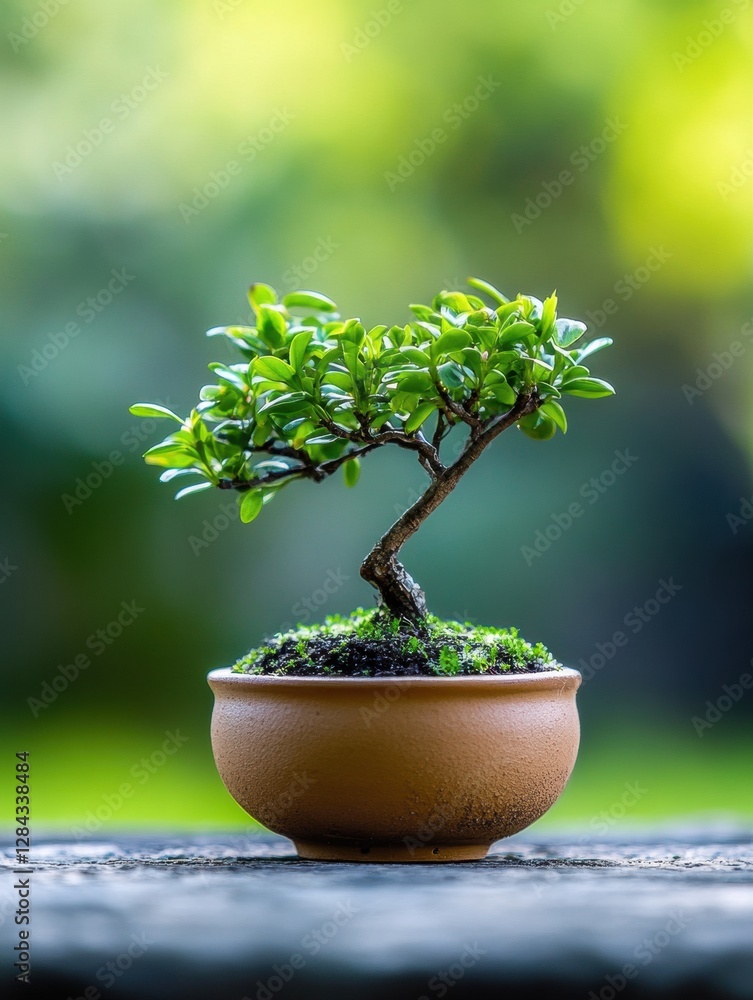 Poster small bonsai tree in a clay pot with vibrant green leaves on a blurred natural background in a seren