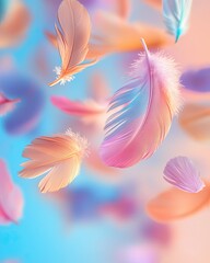 Pastel feathers floating in the air, Soft Floating Feathers, Dreamy Soft Feathers, Light and Airy Feathers in Pastel, Pastel Fantasy, vertical background