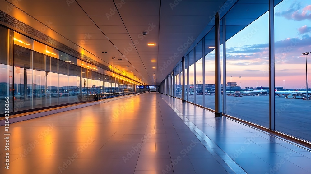 Poster an expansive modern airport terminal illuminated by sunset lights with large glass windows : generat