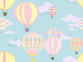 Pastel hot air balloon pattern on blue sky background