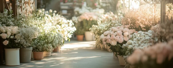 Serene greenhouse pathway lined with white and pink flowers in bloom