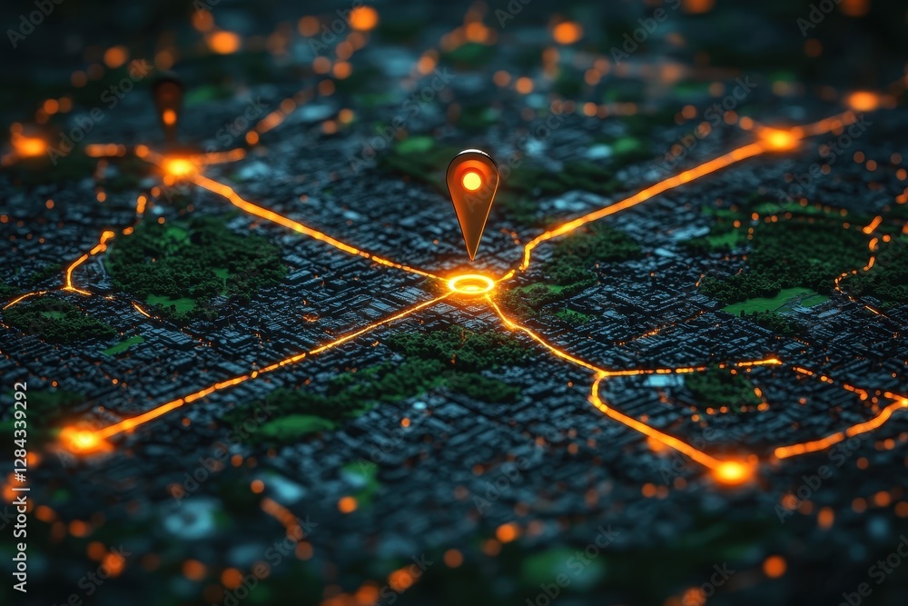 Poster digital map with glowing lines and location markers highlighting urban navigation at night