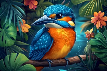 Obraz premium Kingfisher Bird Perched on Branch, Lush Tropical Leaves and Flowers Background