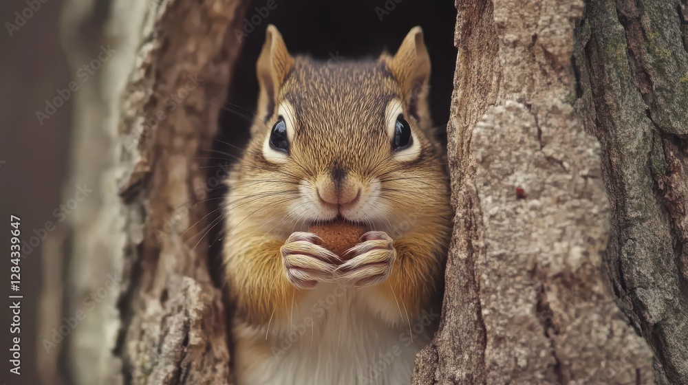 Aufkleber adorable squirrel nibbling nut in a tree trunk
