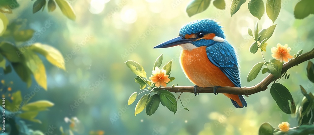 Aufkleber kingfisher rests on a tree branch; blurred background with light and foliage