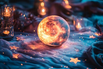 A minimalist table setting with a nebula-inspired tablecloth and a glowing orb centerpiece, surrounded by small star decorations