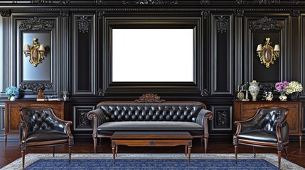 Ornate Black Wood Paneled Room With Tufted Leather Sofa and Armchairs